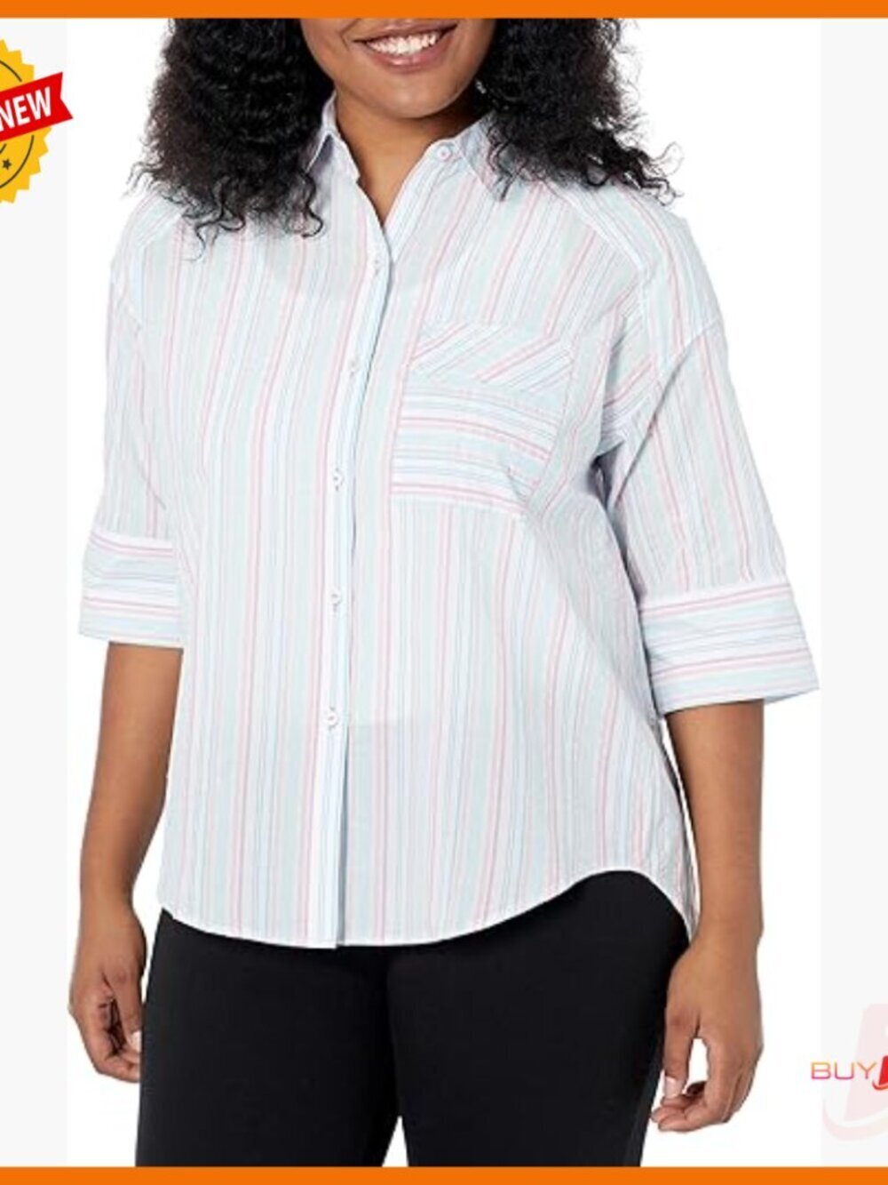 Regular Fit 3/4 Sleeve Button Down Blouse with Hi-Lo Hem and Chest Pocket